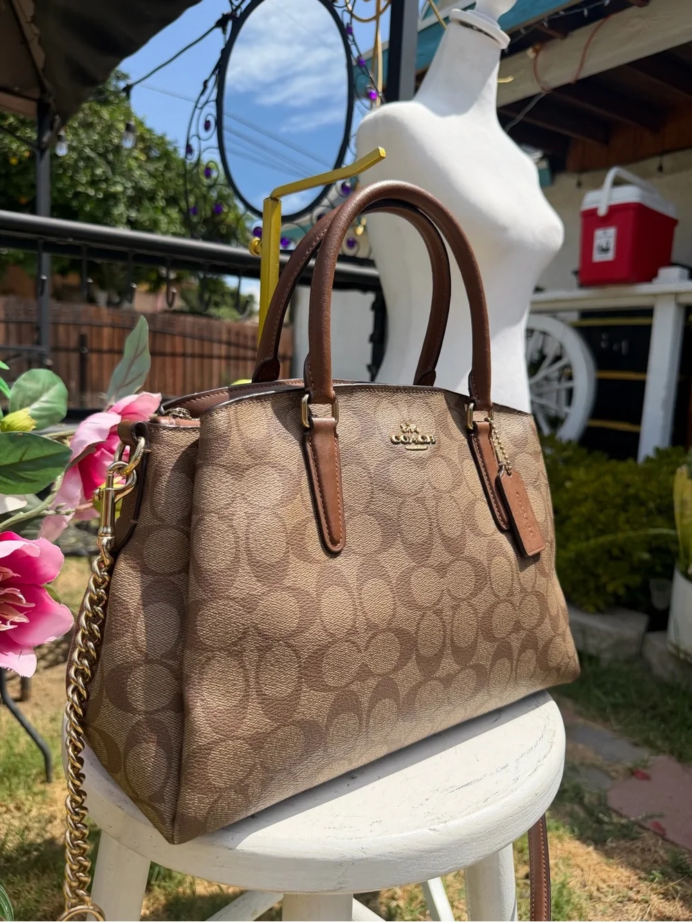 Coach Brown Signature Dome Satchel with Chain-Strap